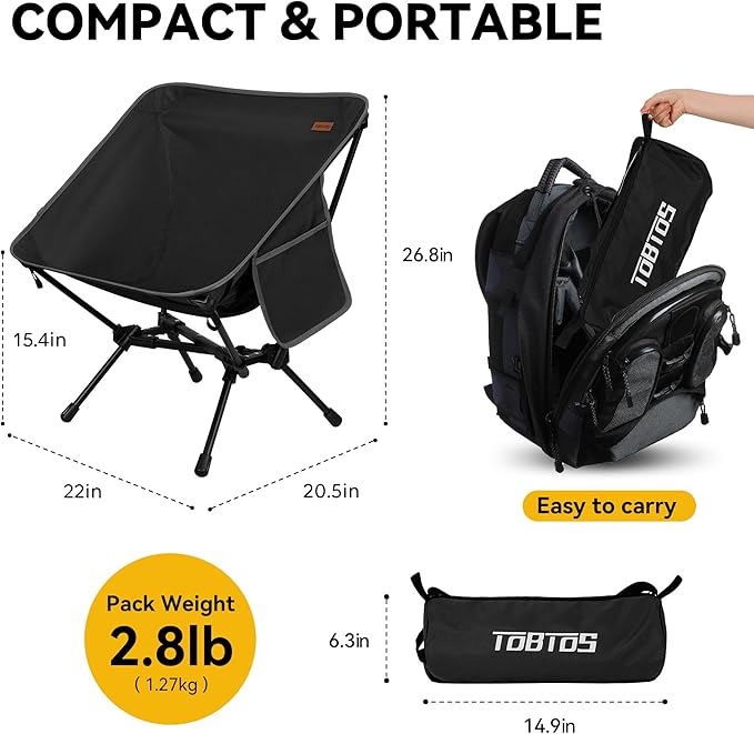TOBTOS Ultralight Camping Chair, Portable Folding Backpacking Chair, Compact Camping Chair with Carry Bag for Outdoor Camp Hiking Backpack Beach Travel (Black)
