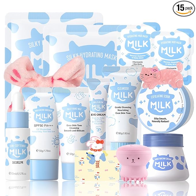 Milk Skincare Kit for Teens & Women, 15-Piece Travel Set with Face Mask & Moisturizer, Christmas Gifts for Teen Girls Age 8-12, Gentle Hydrating Routine for Smooth Skin, Cute Spa Gift Set for Tweens