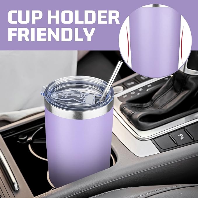 20 oz Tumbler with Lids and Straws, Stainless Steel Insulated Travel Coffee Mug, Double Wall Vacuum Insulated Tumblers, Powder Coated Coffee Tumbler for Cold & Hot Drinks (Light Purple)
