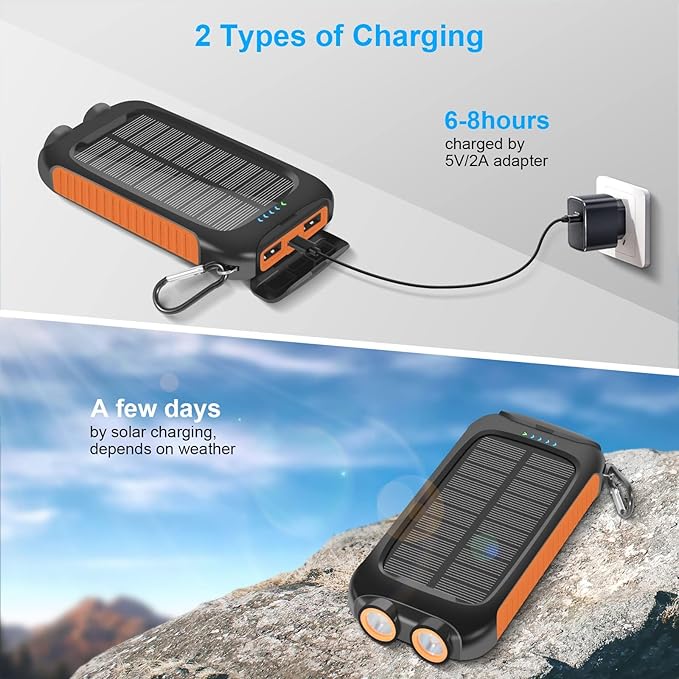 Portable Charger Solar Power Bank 20000mAh with USB-A and USB-C 5V/3A Output Port Battery Pack Compatible with iPhone, Samsung, iPad, Waterproof Emergency LED Flashlights Perfect for Camping, Hiking