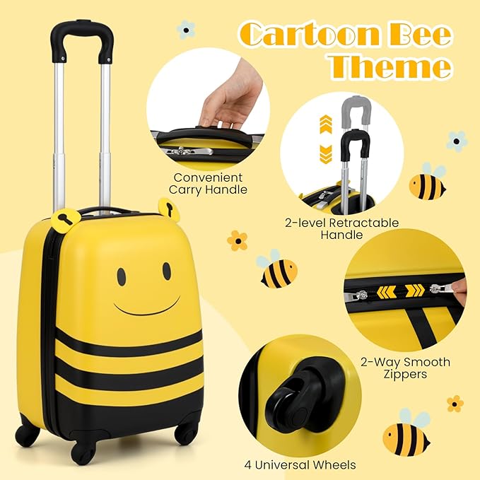 HONEY JOY Kids Luggage, 12” Children Hardshell Backpack & 16” Toddler Travel Rolling Suitcase, 2 Pcs Lightweight Carry On Luggage Set, Kids Luggage with Wheels for Girls & Boys(Yellow Bee)