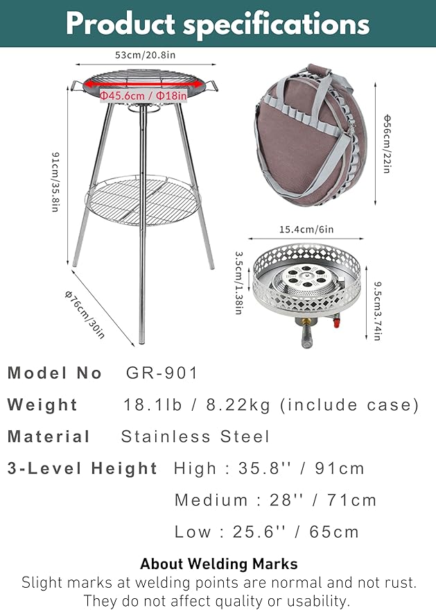 CAMPINGMOON 18 inches BBQ Griddle with EN417 Lindal valve Standard Canister Top Camping Gas Stove Burner Stand Rack Skottle Grill Cooking System Kit GR-901