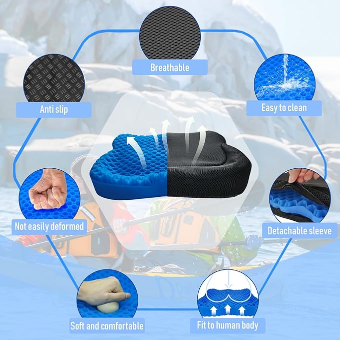 NEW-Vi Anti-Slip Kayak Seat Cushion - Double Thicken Gel Boat Cushion, Waterproof Kayak Gel Seat Cushion, Coccyx Sciatica Pain Relief, Kayak Accessories for Fishing, Kayak Fishing Accessories