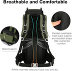 60L Waterproof Backpacking Hiking Backpack with Rain Cover for Men Women, Large Camping Backpack, Green