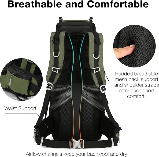 60L Waterproof Backpacking Hiking Backpack with Rain Cover for Men Women, Large Camping Backpack, Green