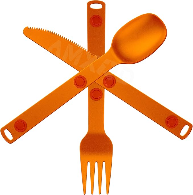 Magnetic Camping Utensils Set, Portable & Reusable Metal Travel Flatware, Camping Cutlery Set, Knife, Fork & Spoon, 3-PACK, Orange