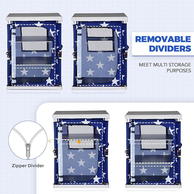 EAGLE PEAK Outdoor Folding Camping Table with Large 3-Tier Storage Organizer and Side Pockets, Easy Set Up Portable Aluminum Camping Kitchen, American Flag