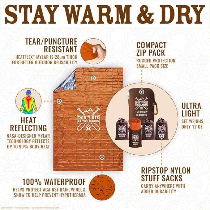 World’s Toughest Emergency Blankets [4-Pack] Extra-Thick Thermal Mylar Foil Space Blanket | Waterproof Ultralight Outdoor Survival Gear For Hiking, Camping, Running, Emergency, First Aid Kits [Orange]