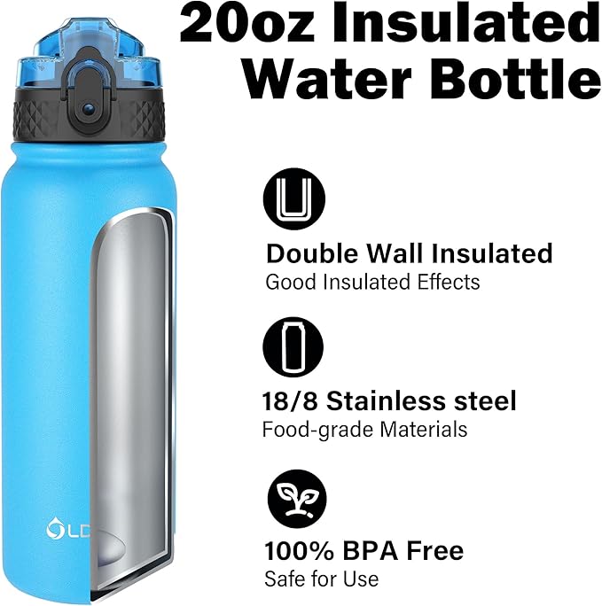 OLDLEY Insulated Water Bottle 20oz Water Bottles with Straw, Stainless Steel Water Bottle with 3 Lids, Double Wall Vacuum Bottles for Adult Kids, Sports Bottles for School Travel,Blue