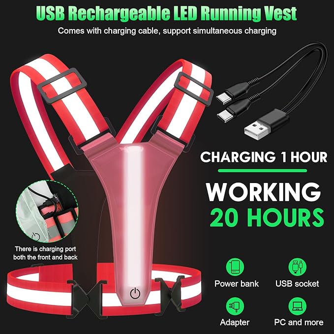 LED Reflective Vest Running Gear, 5 Colors Lights Up Running Vest for Night Walking Cycling Jogging, Adjustable Size for Men Women Kids, Rechargeable and High Visible