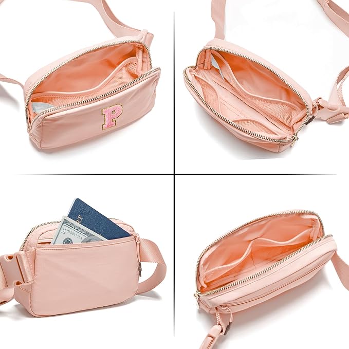 Gitus 6 7 8 9 10 Year Old Girl Gifts Belt Bag Fanny Pack Crossbody Bags with Initial Letter Patch Things for Teen Girls Easter Gifts for Girls Travel Essentials（Coral Pink-P）