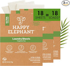 Happy Elephant Laundry Detergent Sheets, Fragrance Free, Natural Biodegradable Laundry Sheets, Plant Based, Tough on Stains, Gentle on Skin, Compatible with HE & Any Washing Machine, 6 Sheet, 3 Pack