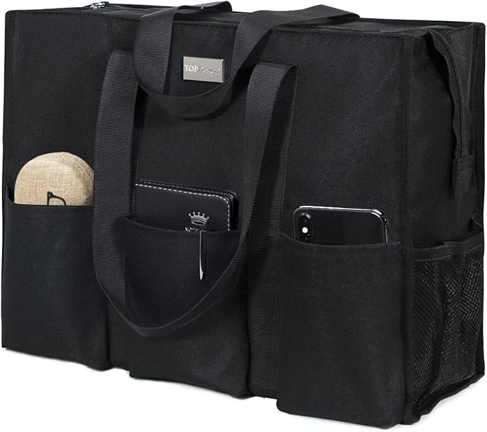 TOPDesign Utility Water Resistant Tote Bag with 13 Pockets, Top Zipper Closure & Thick Bottom Support, for Working Women