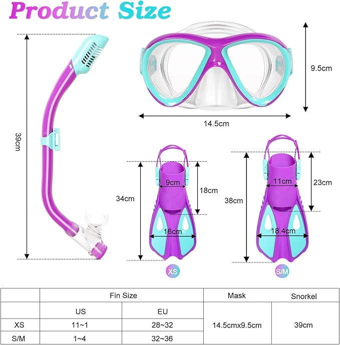 Snorkeling Gear for Kids Ages 5-15, 4 in 1 Mask Fins Snorkel Set with HD Tempered Glass Panoramic View Anti-Fog Mask, Dry Top Snorkel, Adjustable Trek Fins, and Mesh Bag, Kids Snorkel Set for Youth