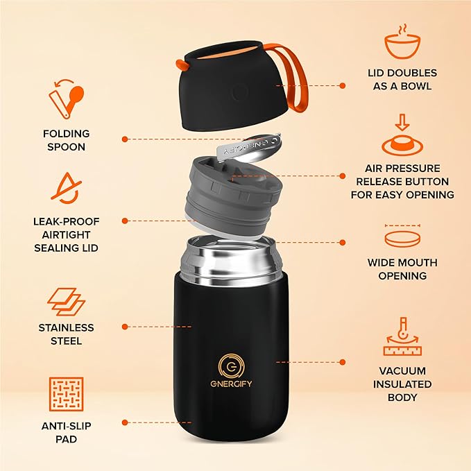 ENERGIFY Vacuum Insulated Food Jar. Large 24oz Bowl incl. Folding Spoon, Cup. Wide Mouth Keep Hot & Cold Drinks Soup Lunch Container for Adults. BPA-Free Stainless Steel, Leak Proof Black Matte
