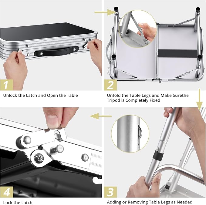 2ft Camping Table Foldable, 3 Adjustable Heights 26.3" Aluminum Small Folding Table with Storage Net, Lightweight, Portable Handle for Travel Outdoor Beach Picnic, 23.2" x 16", Black