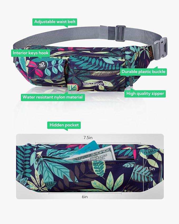 WATERFLY Fanny Pack Slim Soft Polyester Water Resistant Waist Bag for Man Women Carrying iPhone Xs / 8 Plus Samsung S10 Plus/Note 8 (Blue Leaf)