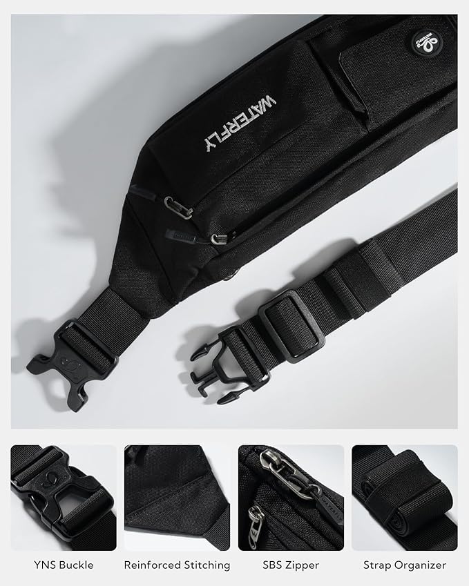 WATERFLY Small Crossbody Fanny Pack: 5 Pocket Slim Lightweight Waist Belt Hip Bag for Women Men Water Resistant Chest Pouch for Travel Hiking Running Walking Fit All Phones - Black