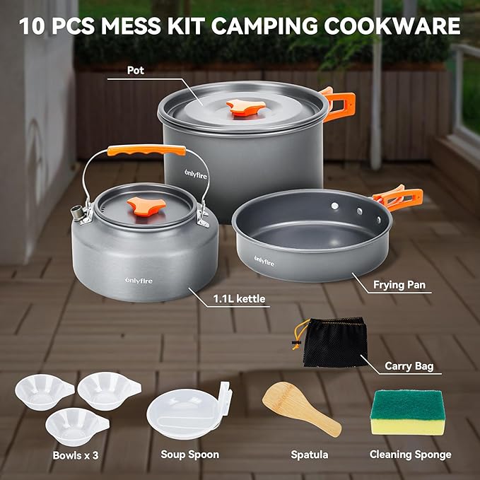 Onlyfire 10pcs Camping Cookware Mess Kit, Non-Stick Lightweight Pot Pan Kettle Set with Plates Forks Knives Spoons for Camping, Backpacking, Outdoor Cooking and Picnic CT603