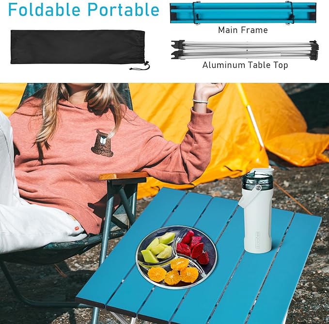Tesouro Portable Camping Table,Folding Side Table Aluminum Top for Outdoor Cooking, Hiking, Travel, Picnic (Blue-Medium)