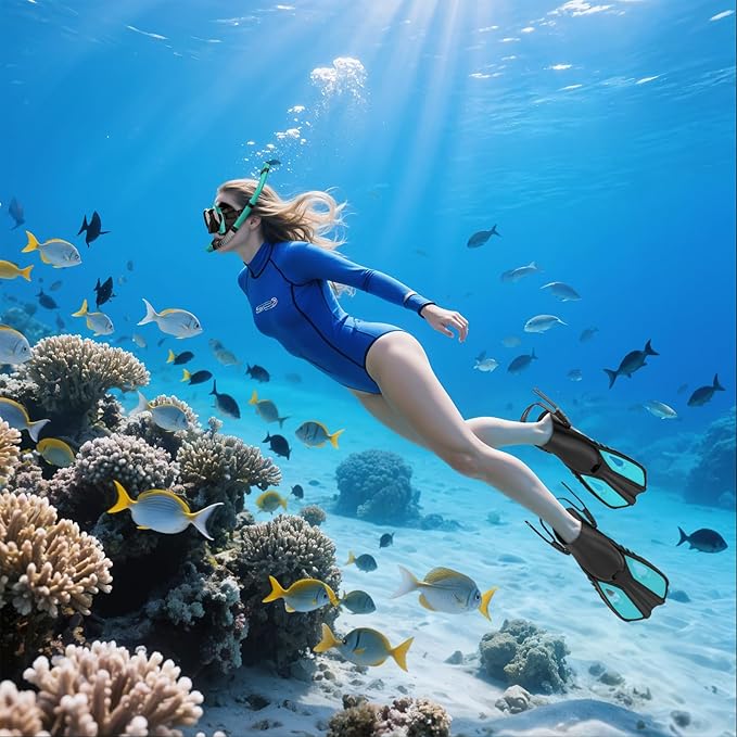 Snorkeling Gear for Adults Men Women, 3 in 1 Snorkel Set with Panoramic View Diving Mask Anti-Fog Anti-Leak, Snorkel Mask Dry Top Snorkel Fins for Swimming, Snorkeling and Travel Diving