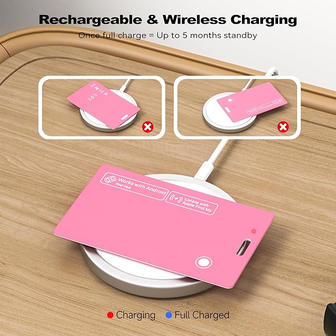 Dual Platform(Both iOS&Android) Rechargeable Air Tags Wallet Tracker Card, Smart Wallet Finder, Compatible with Apple Find My & Google's Find Hub, Item Locator, Wireless Charging (Pink-1 Piece)