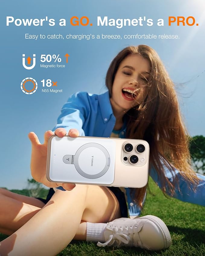 TORRAS EasyGo 0.45" Slim Magnetic Portable Charger Power Bank for iPhone, 5000mAh 22.5W PD Fast Charging Wireless Battery Pack Compatible with Magsafe, iPhone Air,Pro,Pro Max,17,16,15,14,13,12, White