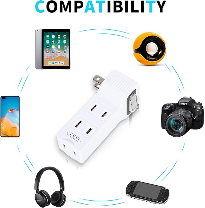 SYCON 4 Outlet Wall Adapter with A Power Switch and Night Light, 2-Prong Extender Adapter Plug with 4 Electrical Outlets for Travel Home Hotel Office-White, 2 Pack