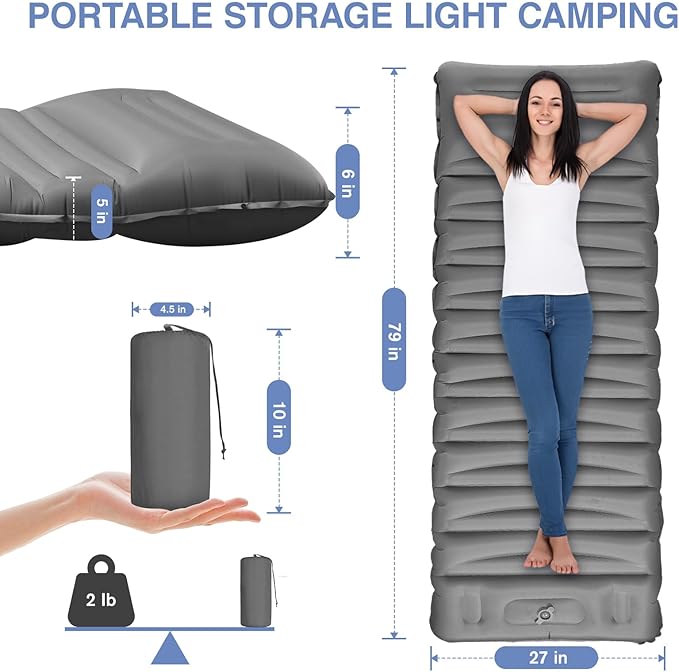 Sleeping Pad for Camping, 5" Extra-Thick Camping Mat with Pillow Built-in Foot Pump, Ultralight Inflatable Sleeping Mat for Camping, Backpacking, Hiking, Camp Tent