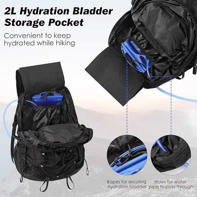 MoKo Hiking Backpack, 40L Large Capacity Camping Backpack with Multiple Pockets, Tear-Resistant Travel Daypack for Men Women, Packable and Lightweight Hiking Daypack for Travel Camping Outdoor, Black