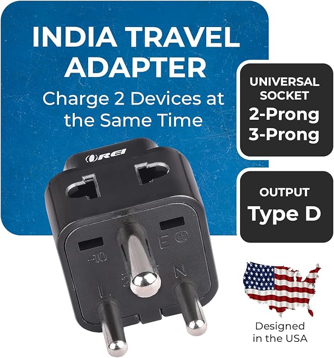 OREI US to India Plug Adapter- Type D Travel Adapter - 2 in 1 Travel Adapter for India, Nepal, Pakistan - CE Certified - RoHS Compliant - 300 Pack, Black