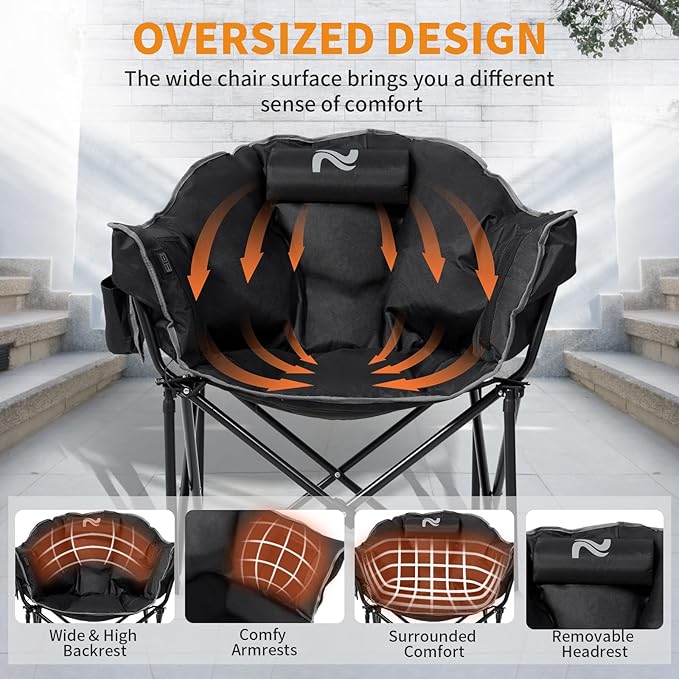LILYPELLE Oversized Heated Camping Chair, Patio Lounge Chairs with 3 Heat Levels, Portable Folding Heated Chair Round Moon Saucer Folding Lawn Chair Outdoor Chair for Camping, Lounge Patio
