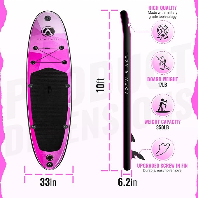Crew Axel Inflatable Paddle Board 10’33’6” Extra Wide & Lightweight (18lb) Paddle Board – Premium SUP Set Includes 2 Bags, Floating Paddle, Camera Mount, 3 Fins, Dual Pump Kit