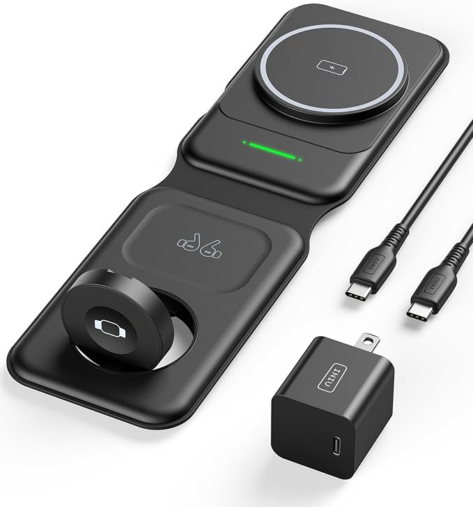 INIU 3 in 1 Charging Station Multiple Devices for Apple, 15W Magnetic Foldable Travel Wireless Charger for iPhone 16 pro max 15 14 13 12 Series, iWatch 10 9 8 SE/Ultra Series, AirPods 4 3 2 pro
