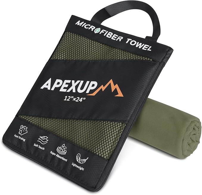 APEXUP Microfiber Travel Towel, Ultra Absorbent Quick Dry Towels, Lightweight Gym Sports Camping Towel for Workout, Yoga, Beach, Shower, Swimming (24"×12", Army Green)