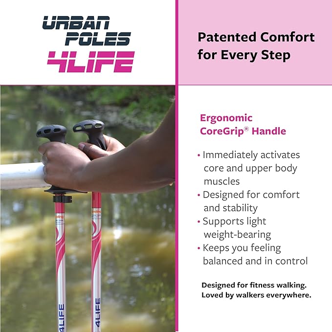 Urban Poling - Urban Poles 4Life - Lightweight, Aluminum Nordic Walking Sticks - Pink & Silver - 1 Pair – for Users 4'2"–6'2" - Collapsible & Adjustable Hiking Gear