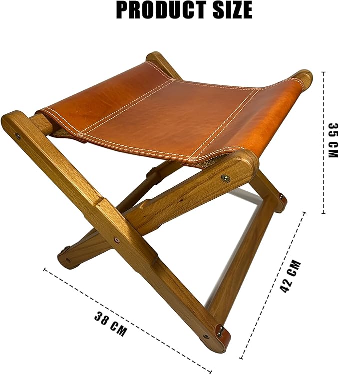 Foldable Leather Stool, Portable Beech Wood Artist Folding Stool, Italian Top Vegetable Tanned Leather Seat, Home Fashion Genuine Leathers Director’s Stools for Home Outdoor Camping Fishing