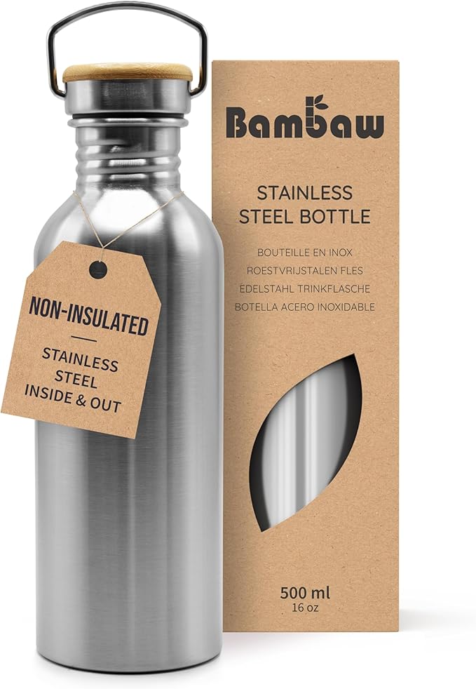 Bambaw Water Bottle 500 ml Eco Non-Insulated Stainless Steel Sports Bottle BPA-Free