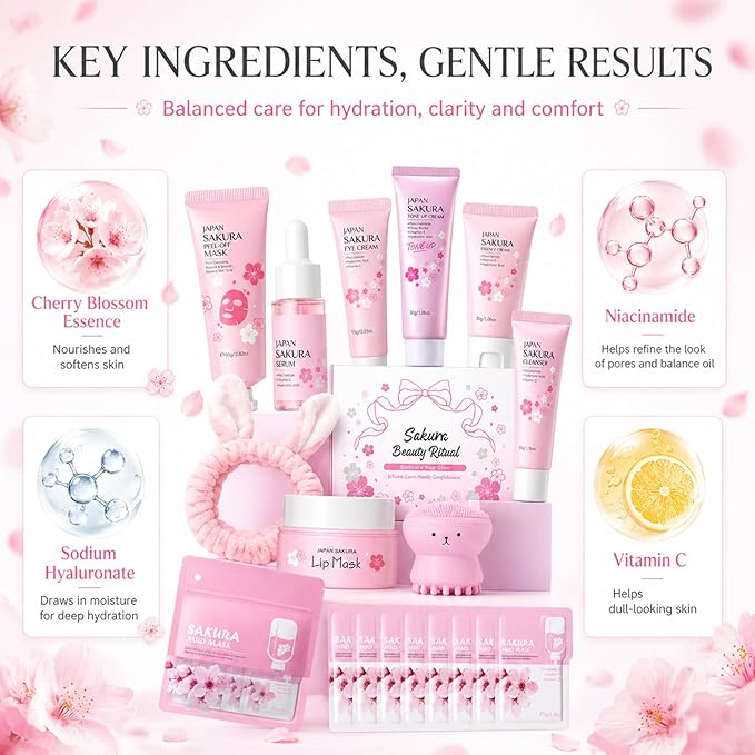 Japan Sakura Skin Care Set For Teen Girls, Skincare For Girls 10-12, Skin Care For Teens 10-12, Japanese Cherry Blossom Skin Care For Kids, Birthday & Mothers Day Gifts 30PCS