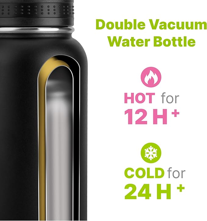 Insulated Water Bottle-32 oz Stainless Steel Vacuum Wide Mouth Sports Water Bottle with Silicone Boot-Metal Leak Proof Travel Water Flask for Men (Black)
