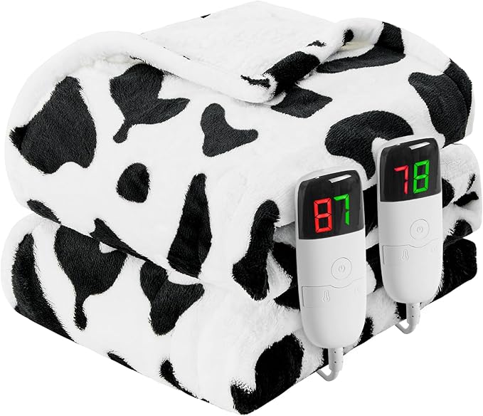 Cow Print Electric Heated Blanket Queen Size,84X90 Black Heating Blanket Queen with Dual Control&Timer&10 Heat Levels,Cute Cow Decor Sherpa Blankets Warmer Gifts for Bed Women Adults,ETL