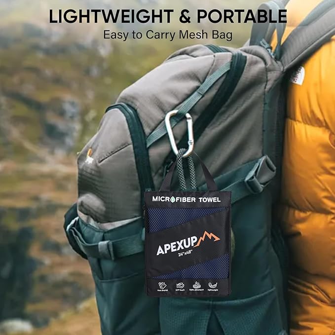 APEXUP Microfiber Travel Towel, Ultra Absorbent Quick Dry Towels, Lightweight Gym Sports Camping Towel for Workout, Yoga, Beach, Shower, Swimming (24"×12", Navy Blue)