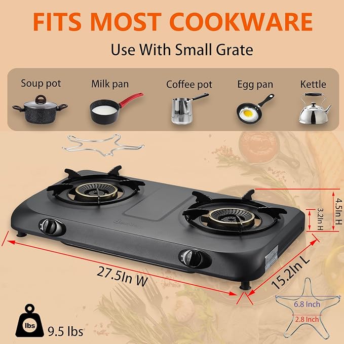 Propane Stove 2 Burner Gas Stove Top, 27200 BTU High-Efficiency LPG Metal Cooktop With Auto Ignition, CSA Regulator and Hose, Perfect for Outdoor Kitchen, Camping, RV & Emergency Cooking