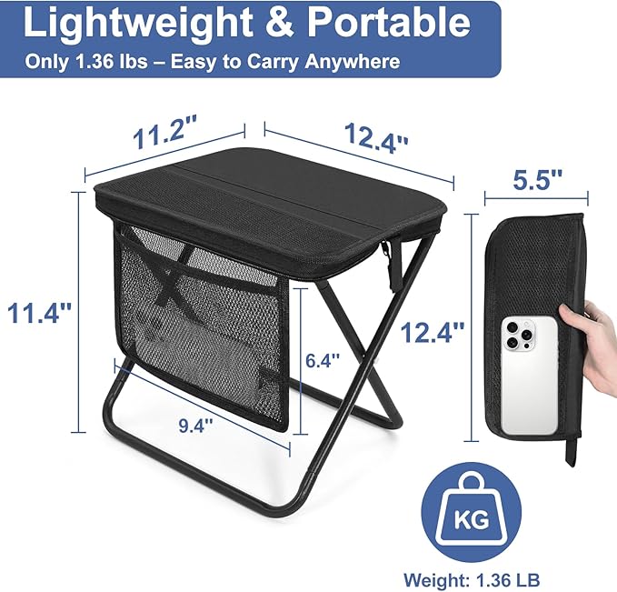 Portable Folding Camp Stool with Side Pocket, Lightweight Foldable Camping Stool for Adults, Backpacking Travel Fishing Stool Mini Chair, Compact Folding Seat with Storage Bag