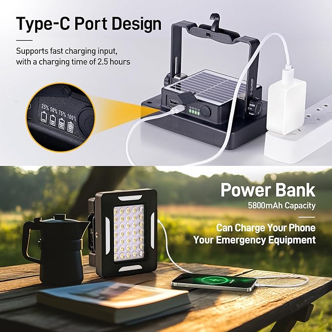 LED Solar Portable Camping Lights with Stand dimmable, 2000LM, Solar Rechargeable Work Lights with Magnetic，IP67 Waterproof, 5 Light Modes Portable Flood Light, Camping Lantern for Indoor Outdoor