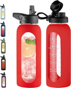 CIVAGO 40 oz Glass Water Bottle with Straw and Handle, Large Sports Motivational Water Bottle Flask with Time Marker and 2 Lids, Leakproof Water Jug Canteen with Silicone Sleeve for Gym,Red