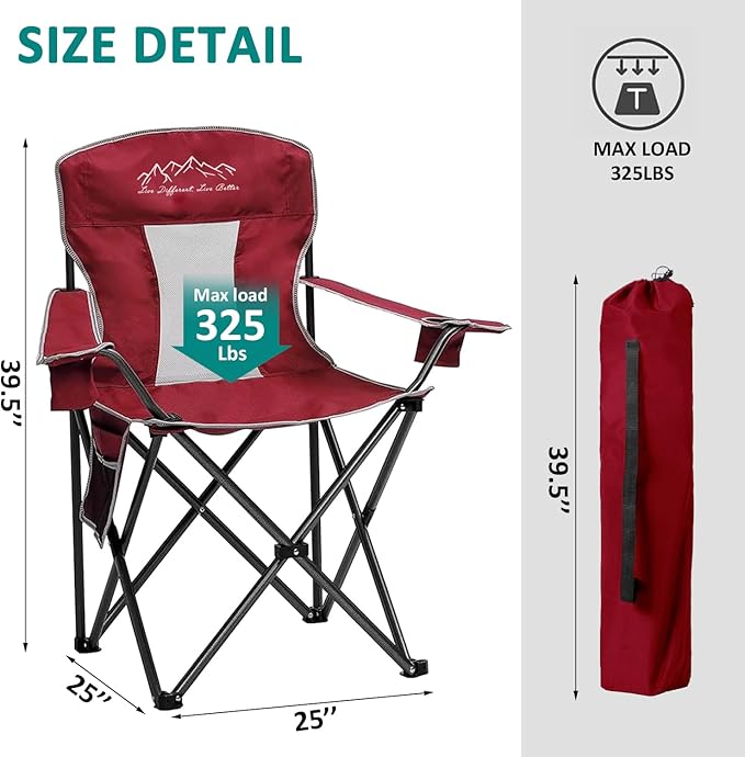 2PCS Mesh Folding Camping Chairs, Oversized Portable Outdoor Chairs, Weight Capacity 325 lbs with Cup Holder, Storage Pocket, Carry Bag Red