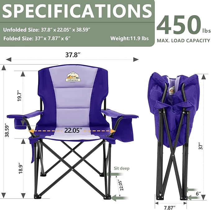 Colegence Heavy Duty Camping Chair for Adults Set of 2, Oversized Heavy People Foldable Outside Camp Chairs, with Cooler Bag Cup Holder, Side Pocket for Lawn,Sport,Outdoor,Deep Purple