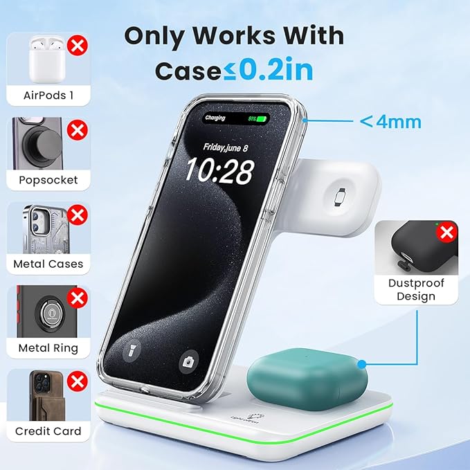 WAITIEE Wireless Charger for iPhone 16 15 14 13 12 11 X 8, 3 in 1 Charging Station for Apple Watch 10/9/8/7/6/5/4/3/2/SE/Ultra/Ultra 2 & for AirPods 4/3/2/Pro/Pro 2(White)