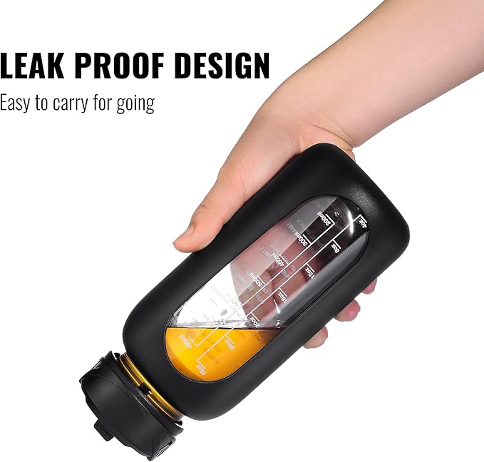 CIVAGO 24 oz Glass Water Bottle with Straw and Handle, Large Sports Motivational Water Bottle Flask with Time Marker and 2 Lids, Leakproof Jug Canteen with Silicone Sleeve for Gym, Black